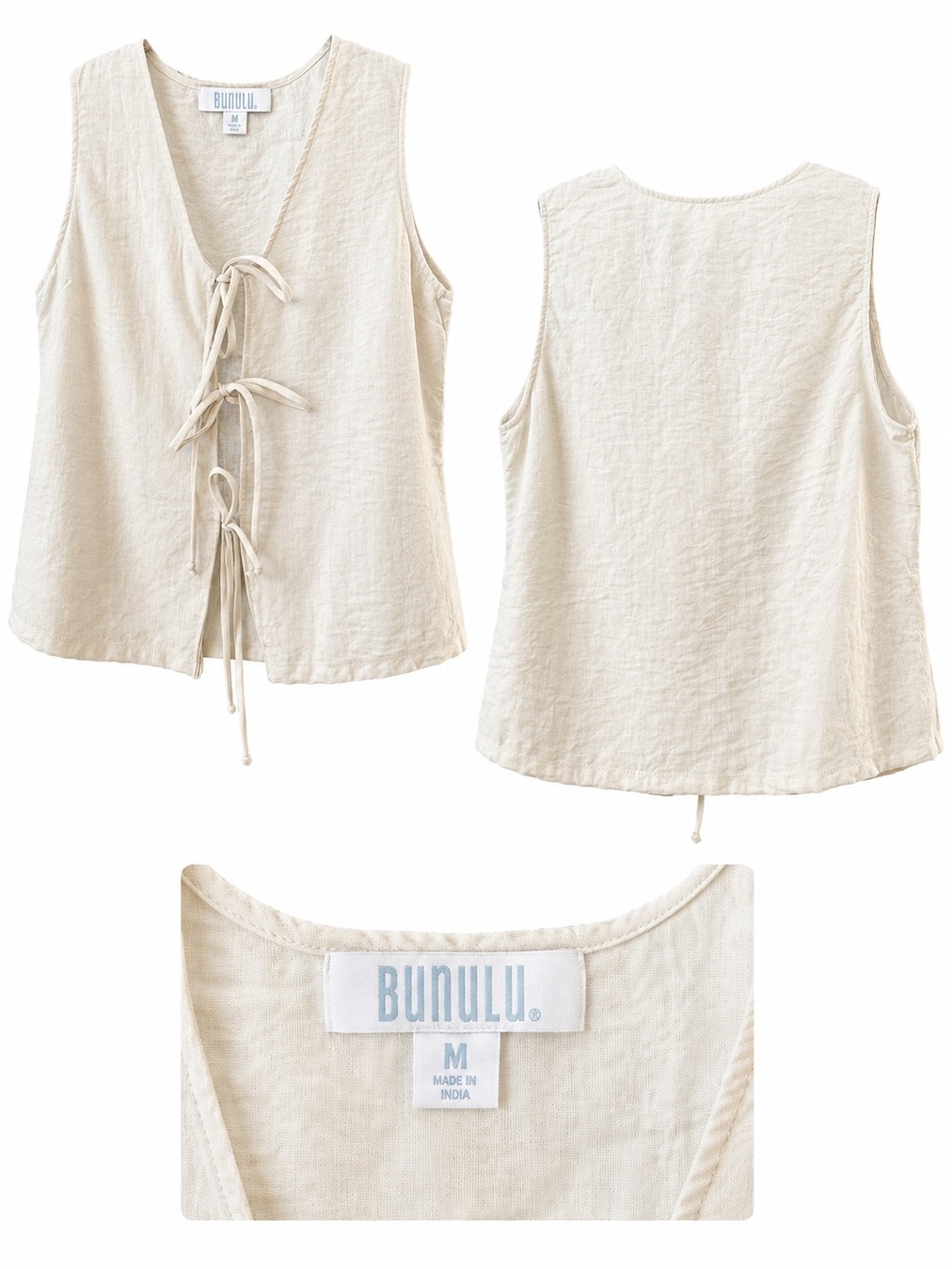 BUNULU Cream Linen Tie-Front Tank